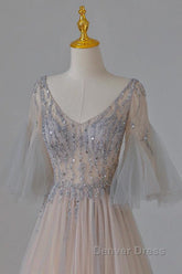 A-Line Beaded V-Neckline Tulle Formal Dresses, Puffy Sleeves Long Prom Dresses